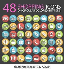 48 Shopping Icons on Circular Colored Buttons.