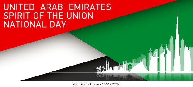 48 UAE National day flat paper layered card. 2 december, 48 UAE National day, Spirit of the union banner. United Arab Emirates flag with silhouette city attractions Abu Dhabi and Dubai.