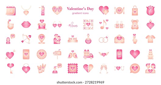 48 Iconos de degradado del día de San Valentín. Conjunto romántico rosa y melocotón con corazones, anillos, regalos y dulces. Moderna paleta de colores suaves para el amor, la boda y la celebración del 14 de febrero. Vector plano.