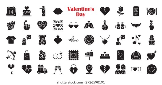 48 Iconos sólidos del día de San Valentín. Conjunto de silueta negra con corazones, parejas románticas, regalos y símbolos de boda. Elementos de Vector plano para el amor, las citas y la celebración del 14 de febrero.
