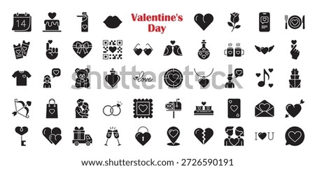 48 Valentine's Day Solid Icons. Black silhouette set with hearts, romantic couples, gifts, and wedding symbols. Flat vector elements for love, dating, and February 14 celebration.