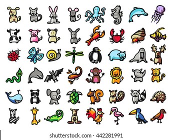 48 vector hand drawn animals, black line and colors