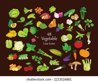 48 Vegetable Isolated Icon - Onions, Tomatoes, Chilies, peppers, Cucumbers, Gherkins, Cabbage, Eggplant, Carrot, Lettuce, Spinach, Garlic