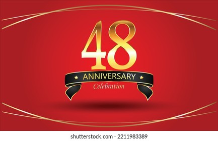 48 year Anniversary with red background. 48th Golden anniversary banner. red anniversary celebration. Golden anniversary with ribbon