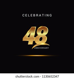 48 Years anniversary celebration golden logotype with swoosh isolated on black background, vector illustration design for greeting card, company event, invitation card, birthday