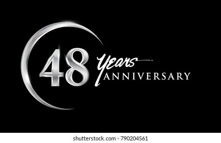 48 years anniversary celebration. Anniversary logo with silver ring elegant design isolated on black background, vector design for celebration, invitation card, and greeting card.