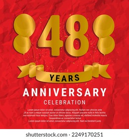 48 Years Anniversary celebration. Luxury happy birthday card background with elements balloons and ribbon with glitter effects. Abstract Red with Confetti and Golden Ribbon. Vector Illustration EPS10