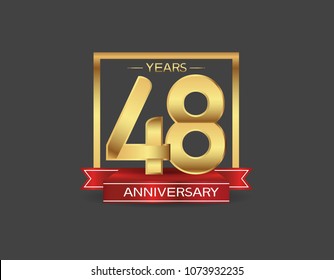 48 years anniversary design logotype golden color with square and red ribbon for celebration event isolated on black background