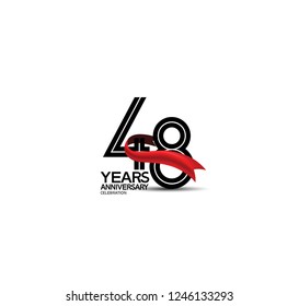 48 years anniversary flat black color and red ribbon isolated on white background