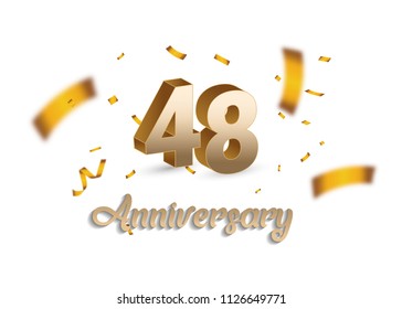 48 years Anniversary with golden 3d number and blur confetti isolated on white background