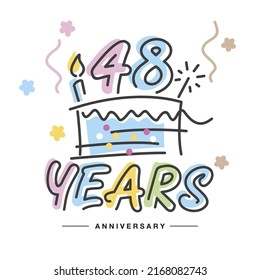 48 Years Anniversary handwritten typography lettering Greeting card with colorful big cake, sparkle firework, number, candle and confetti