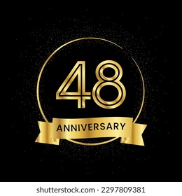 48 years anniversary inside a golden circle and glitter spread on a black background. Golden number anniversary
