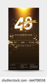 48 years anniversary invitation card - shiny gold celebration template design ,vector illustration