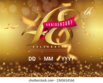 Plantilla de logo de 48 años sobre fondo dorado. 48ª celebración de números dorados con elementos de diseño aislados de cinta roja vectorial y confetti