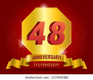  48 years anniversary logo template. Red numbers with golden ribbon.