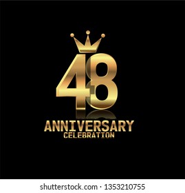 48 years anniversary simple design with golden font and crown with reflection golden number. Elegant, simple, and luxury design. Design with shadow or reflection under number