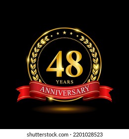 48 Jahre Jubiläumsvorlage-Design, mit glänzendem Ring und rotem Band, Lorbeer-Kranz einzeln auf schwarzem Hintergrund, Logo-Vektorgrafik