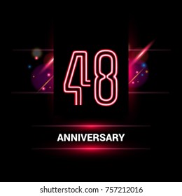 48 Years Anniversary vector logo design using neon style with flare ornament isolated on dark background