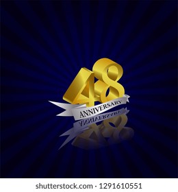 Diseño de plantillas vectoriales de 48 años con colores dorados y cintas plateadas aisladas en la ilustración de fondo azul de la explosión de sol para la celebración - Vector