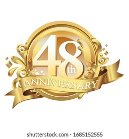 48 years golden anniversary logo celebration with ring and ribbon.