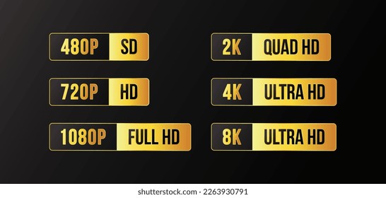 480, 720, 1080, 2k, 4K, 8k Ultra HD logos with HDR mention, screen display resolution definition golden rectangle bar sticker design.