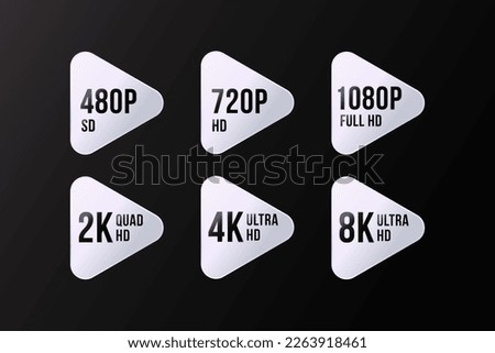 480, 720, 1080, 2k, 4K, 8k Ultra HD logos with HDR mention, video HDTV Silver triangle sticker badge design.