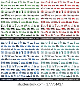 480 Transport icons: Cars, Ships, Trains, Planes, vector illustrations, set silhouettes isolated on white background.