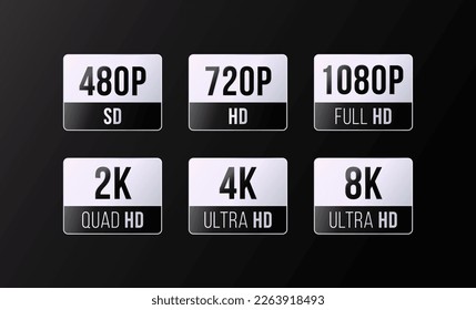 480p, 720p, 1080p, 2k, 4K, 8k Ultra HD logos with HDR mention, video HDTV Silver rectangle sticker badge design.