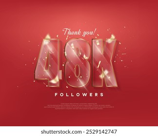 48k followers celebration. with glass figures on a red background.
