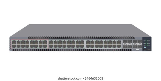 48-Port Fast Ethernet Switch with Gigabit Ethernet, PoE, USB, HDMI, RJ45 and SFP Network Switches: Front View of Network Technology. Vector.