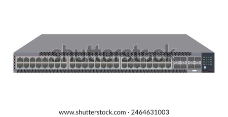 48-Port Fast Ethernet Switch with Gigabit Ethernet, PoE, USB, HDMI, RJ45 and SFP Network Switches: Front View of Network Technology. Vector.