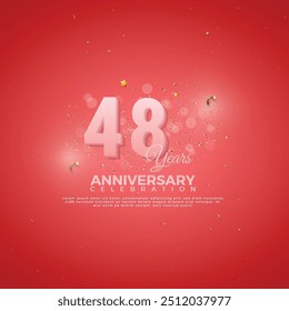 48th Anniversary celebration, 48 Anniversary celebration, Realistic 3d sign, stars, festive illustration, red background with Pink number 48 sparkling confetti, 48,49
