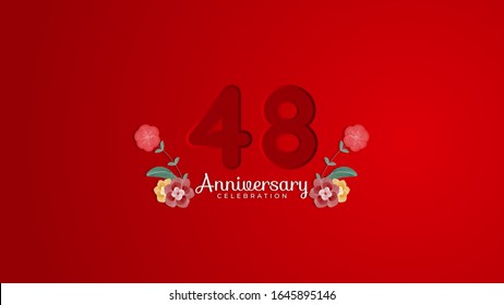 Celebración del 48° aniversario. Número de empotrador con fondo rojo degradado y decoración de flores. Diseño de fondo moderno y elegante, vector EPS 10. Puede ser usado para la compañía o la boda.