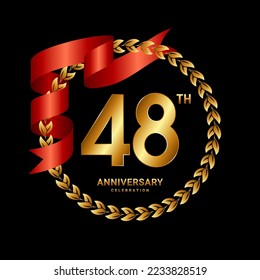 48th Anniversary Celebration. Anniversary Logo Design with Laurel Wreath and Red Ribbon for Celebration Event, Wedding, Invitation, Greeting Card. Logo Vector Illustration
