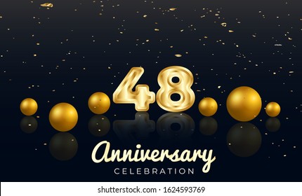 48th Anniversary celebration Vector background by using two colors in the design between gold and red, Golden number 48 with Realistic 3d sign & gold Sphere for Birthday or wedding party 