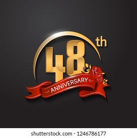 48th anniversary design logotype with golden swoosh, red ribbon and red rose. Vector template for use in celebration company event, greeting card, and invitation card