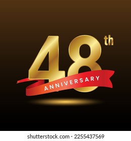 48th anniversary logo design with golden numbers and red ribbon. Logo Vector Template
