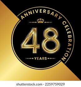 48th Anniversary. logo design with golden numbers and text for birthday celebration event, invitation, wedding, greeting card, banner, poster, flyer, brochure. Logo Vector Template