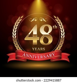 48th Anniversary. Anniversary logo design with Laurel wreath and red ribbon for celebration event, wedding, invitation, greeting card. Vector illustration