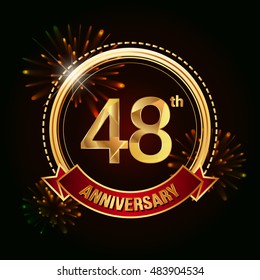 48th anniversary logo golden colored using ring, red ribbon, and fireworks background