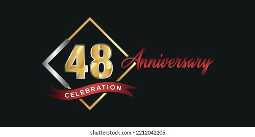 48th anniversary logo with golden and silver box, confetti and red ribbon isolated on elegant black background, vector design for greeting card and invitation card
