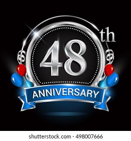 48th anniversary logo with silver ring,balloons and blue ribbon. Vector design template elements for your birthday celebration.
