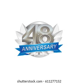 48th Anniversary logo with silver wreath, silver number, blue ribbon