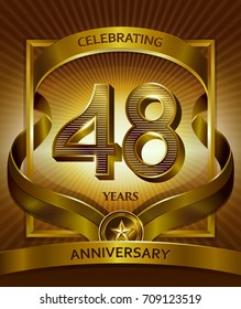 48th anniversary logo. Vector and illustration shiny gold ribbon