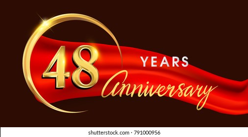 48th anniversary logotype with golden ring isolated on red ribbon elegant background, vector design for birthday celebration, greeting card and invitation card.