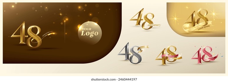 48th anniversary logotype modern gold number with shiny ribbon. alternative logo number Golden anniversary celebration