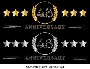 48th anniversary set gold and silver. Celebrating birthday, banner for special date with ring on isolated background.