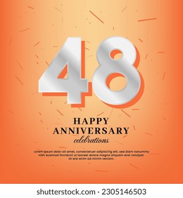 plantilla vectorial de 48º aniversario con un número blanco y confetti esparcidos en un fondo naranja