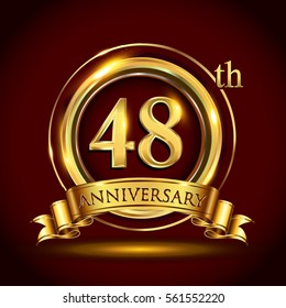 48th golden anniversary logo, forty eight years birthday celebration with gold ring and golden ribbon.