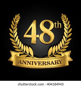 48th golden anniversary logo with ring and ribbon, laurel wreath vector design isolated on black background